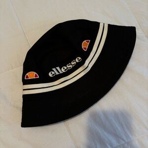 Ellesse Black Bucket Hat with White Stripes and Orange Logo Accents